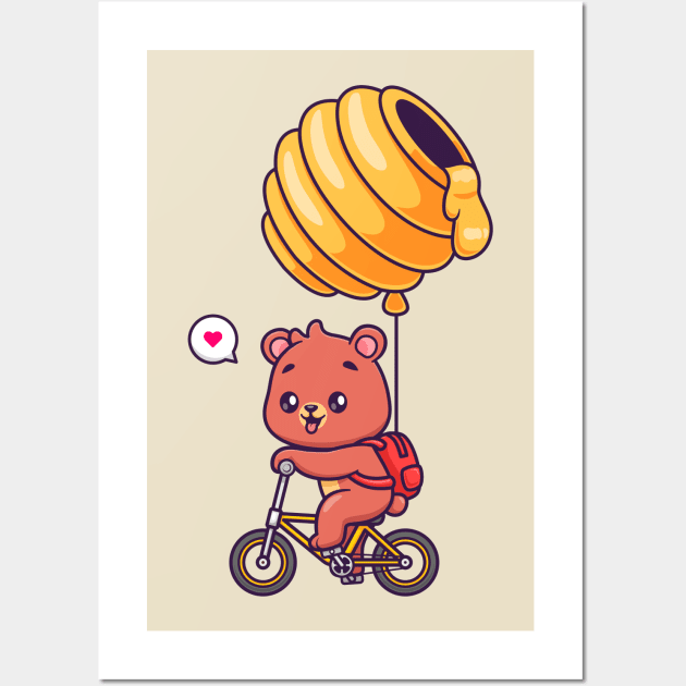 Cute Bear Riding Bicycle With Honeycomb Balloon Cartoon Wall Art by Catalyst Labs